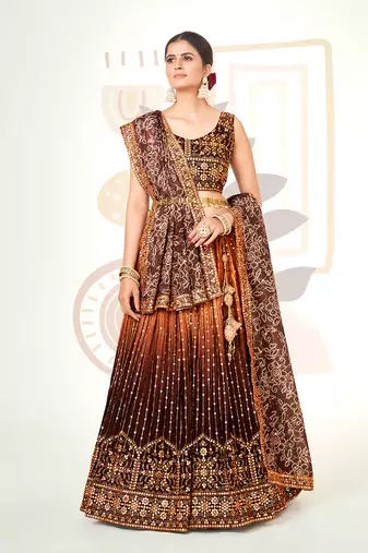 Orange & Brown Silk  Semi Stitched Lehenga and Unstitch Blouse with Dupatta