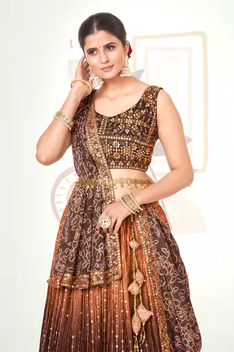 Orange & Brown Silk  Semi Stitched Lehenga and Unstitch Blouse with Dupatta