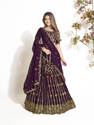 Wine Georgette  Semi Stitched Lehenga and Unstitch Blouse with Dupatta 2