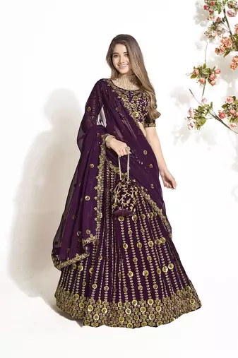 Wine Georgette  Semi Stitched Lehenga and Unstitch Blouse with Dupatta