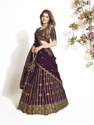 Wine Georgette  Semi Stitched Lehenga and Unstitch Blouse with Dupatta 4