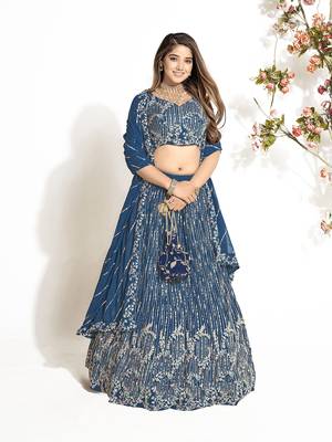 Indigo Blue Georgette  Semi Stitched Lehenga and Unstitch Blouse with Dupatta 2