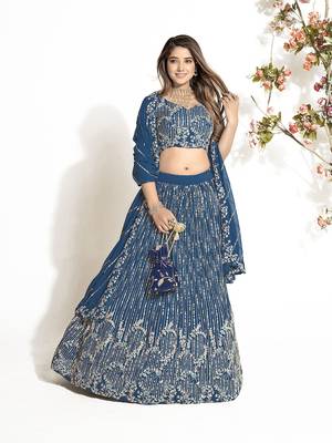Indigo Blue Georgette  Semi Stitched Lehenga and Unstitch Blouse with Dupatta 3