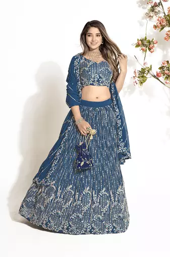 Indigo Blue Georgette  Semi Stitched Lehenga and Unstitch Blouse with Dupatta