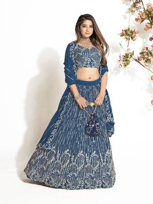 Indigo Blue Georgette  Semi Stitched Lehenga and Unstitch Blouse with Dupatta 4