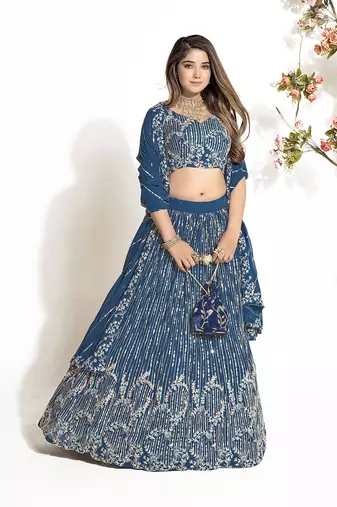 Indigo Blue Georgette  Semi Stitched Lehenga and Unstitch Blouse with Dupatta