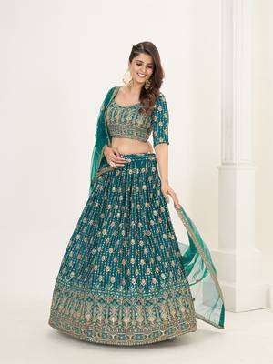 Sea Green Georgette  Semi Stitched Lehenga and Unstitch Blouse with Dupatta 2