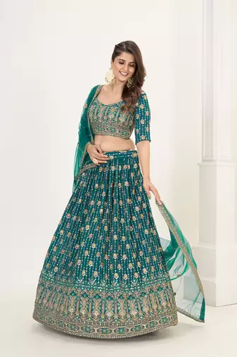 Sea Green Georgette  Semi Stitched Lehenga and Unstitch Blouse with Dupatta