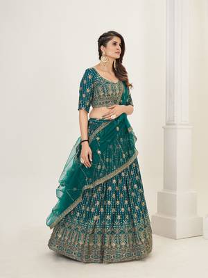 Sea Green Georgette  Semi Stitched Lehenga and Unstitch Blouse with Dupatta 3