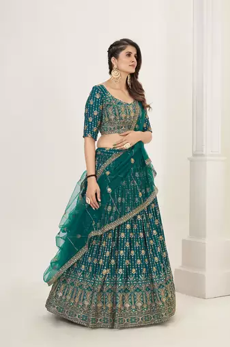 Sea Green Georgette  Semi Stitched Lehenga and Unstitch Blouse with Dupatta