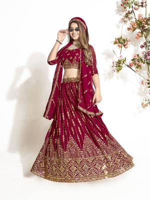 Maroon Georgette  Semi Stitched Lehenga and Unstitch Blouse with Dupatta 3