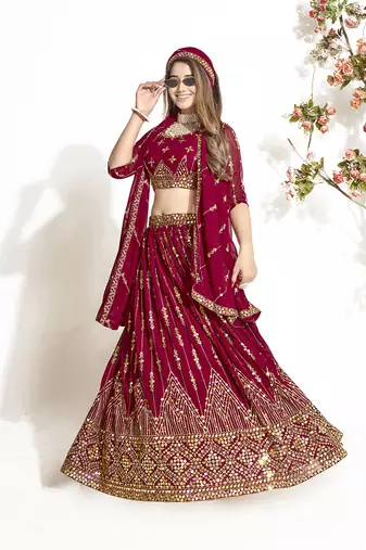 Maroon Georgette  Semi Stitched Lehenga and Unstitch Blouse with Dupatta