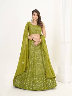 Olive Green Georgette  Semi Stitched Lehenga and Unstitch Blouse with Dupatta 1