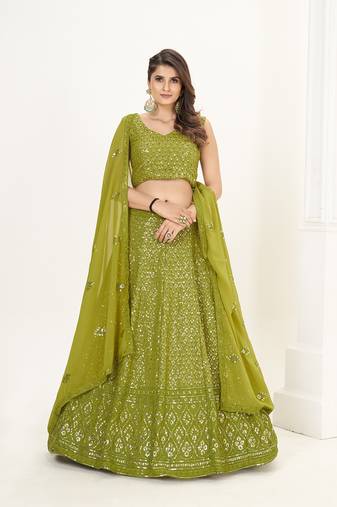 Olive Green Georgette  Semi Stitched Lehenga and Unstitch Blouse with Dupatta