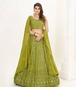Olive Green Georgette  Semi Stitched Lehenga and Unstitch Blouse with Dupatta