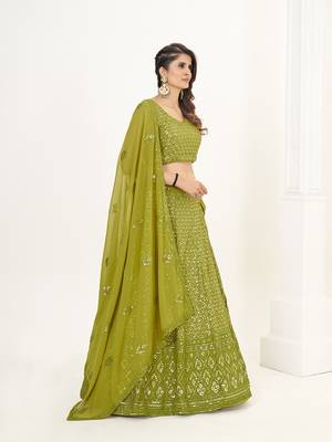 Olive Green Georgette  Semi Stitched Lehenga and Unstitch Blouse with Dupatta 2