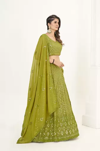 Olive Green Georgette  Semi Stitched Lehenga and Unstitch Blouse with Dupatta