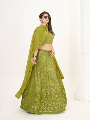 Olive Green Georgette  Semi Stitched Lehenga and Unstitch Blouse with Dupatta 3