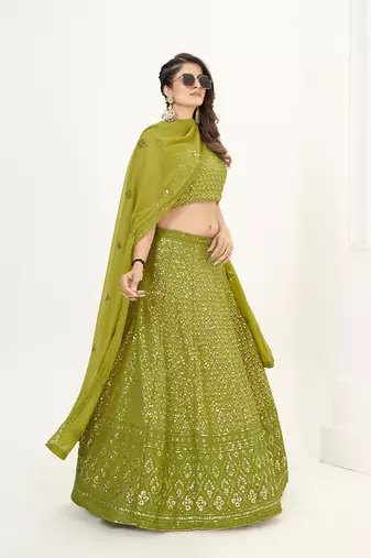 Olive Green Georgette  Semi Stitched Lehenga and Unstitch Blouse with Dupatta