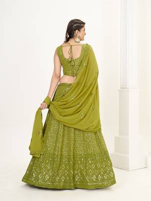 Olive Green Georgette  Semi Stitched Lehenga and Unstitch Blouse with Dupatta 4