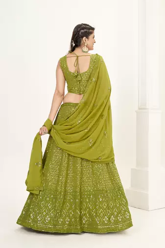 Olive Green Georgette  Semi Stitched Lehenga and Unstitch Blouse with Dupatta