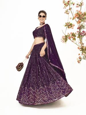 Wine Georgette  Semi Stitched Lehenga and Unstitch Blouse with Dupatta 3