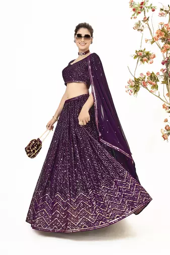 Wine Georgette  Semi Stitched Lehenga and Unstitch Blouse with Dupatta