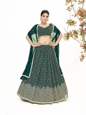 Deep Green Georgette  Semi Stitched Lehenga and Unstitch Blouse with Dupatta 1