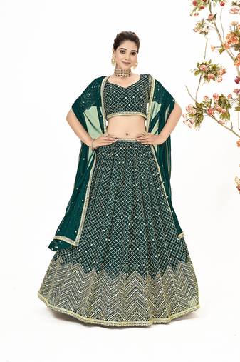 Deep Green Georgette  Semi Stitched Lehenga and Unstitch Blouse with Dupatta
