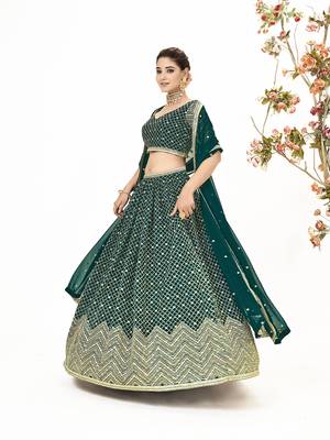 Deep Green Georgette  Semi Stitched Lehenga and Unstitch Blouse with Dupatta 2