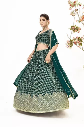 Deep Green Georgette  Semi Stitched Lehenga and Unstitch Blouse with Dupatta