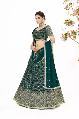 Deep Green Georgette  Semi Stitched Lehenga and Unstitch Blouse with Dupatta
