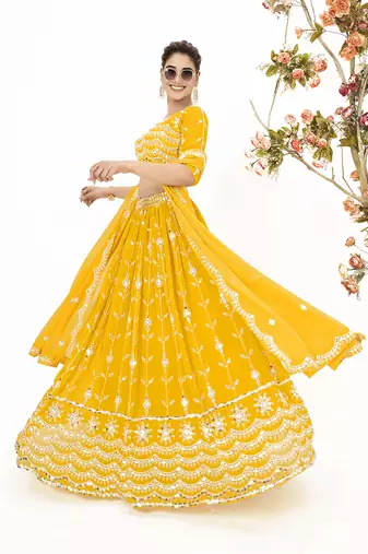 Yellow Georgette  Semi Stitched Lehenga and Unstitch Blouse with Dupatta