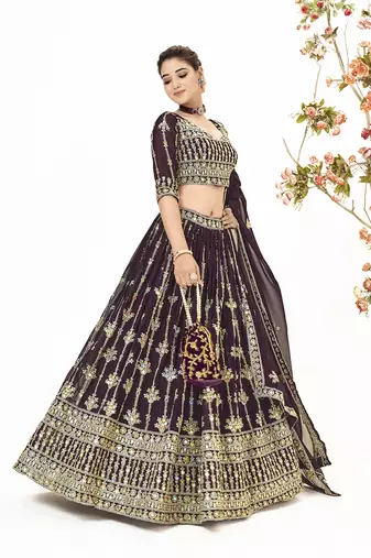 Wine Georgette  Semi Stitched Lehenga and Unstitch Blouse with Dupatta