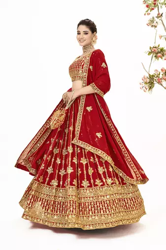 Red Georgette  Semi Stitched Lehenga and Unstitch Blouse with Dupatta