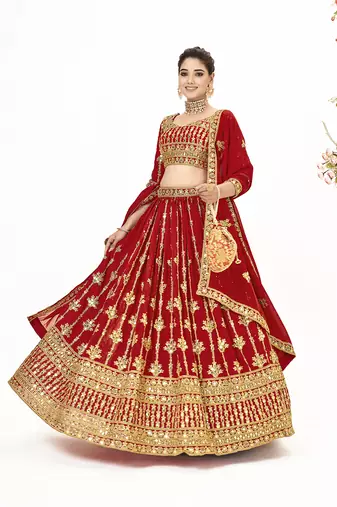 Red Georgette  Semi Stitched Lehenga and Unstitch Blouse with Dupatta