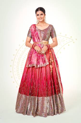 Rasberry Pink Silk  Semi Stitched Lehenga and Unstitch Blouse with Dupatta