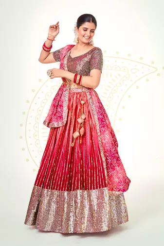 Rasberry Pink Silk  Semi Stitched Lehenga and Unstitch Blouse with Dupatta