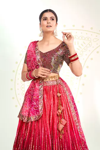 Rasberry Pink Silk  Semi Stitched Lehenga and Unstitch Blouse with Dupatta
