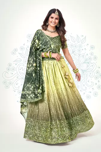 Green & Yellow Silk  Semi Stitched Lehenga and Unstitch Blouse with Dupatta