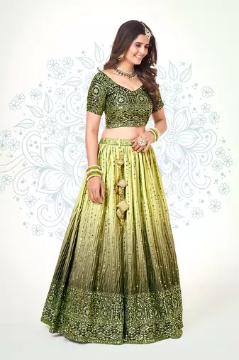 Green & Yellow Silk  Semi Stitched Lehenga and Unstitch Blouse with Dupatta