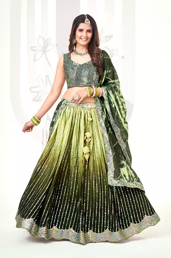 Green & Olive Silk  Semi Stitched Lehenga and Unstitch Blouse with Dupatta