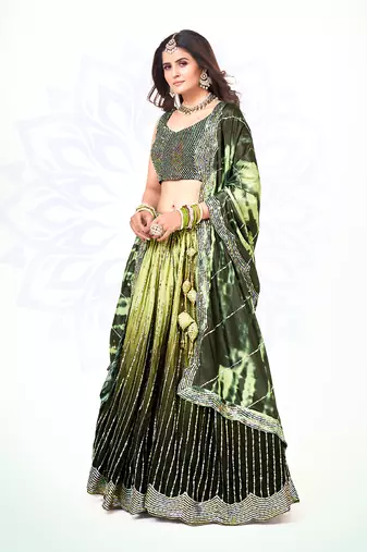 Green & Olive Silk  Semi Stitched Lehenga and Unstitch Blouse with Dupatta