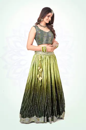 Green & Olive Silk  Semi Stitched Lehenga and Unstitch Blouse with Dupatta