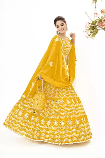 Yellow Georgette  Semi Stitched Lehenga and Unstitch Blouse with Dupatta