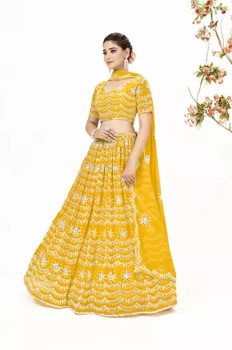 Yellow Georgette  Semi Stitched Lehenga and Unstitch Blouse with Dupatta