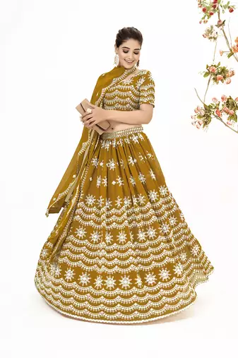 Mustard Georgette  Semi Stitched Lehenga and Unstitch Blouse with Dupatta