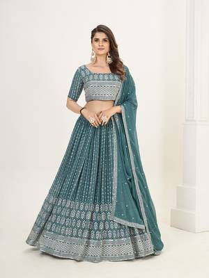 Teal Blue Georgette  Semi Stitched Lehenga and Unstitch Blouse with Dupatta 1