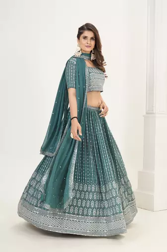 Teal Blue Georgette  Semi Stitched Lehenga and Unstitch Blouse with Dupatta