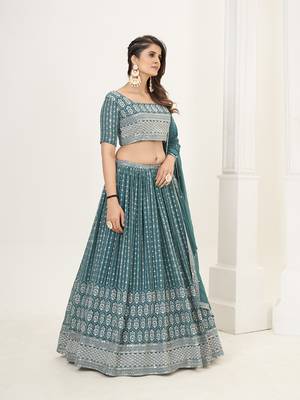 Teal Blue Georgette  Semi Stitched Lehenga and Unstitch Blouse with Dupatta 3